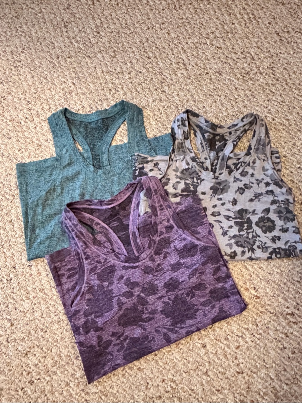 Athleta Purple Floral, Black and Gray Floral, Teal Heathered Racerback Tanks